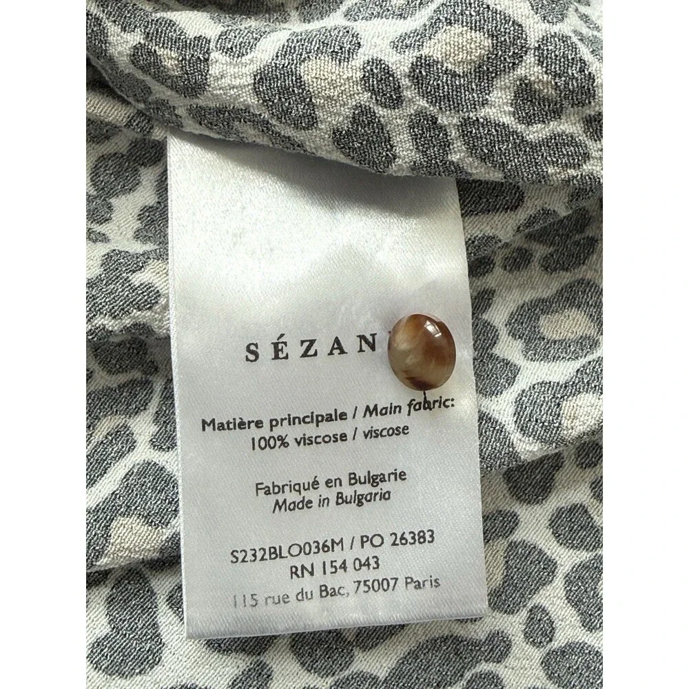 Sezane Abelia Cream Leopard Faux Wrap Blouse Long Sleeve Draped V-Neck Sz 34/XS
